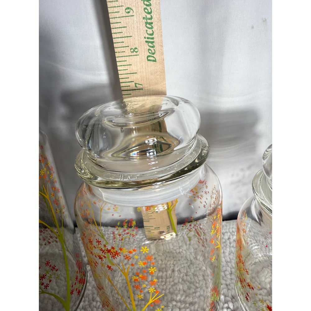 Vintage Libbey Glass Canister Set 3pc Autumn Floral Orange Yellow Flower Jars - Picture 3 of 9